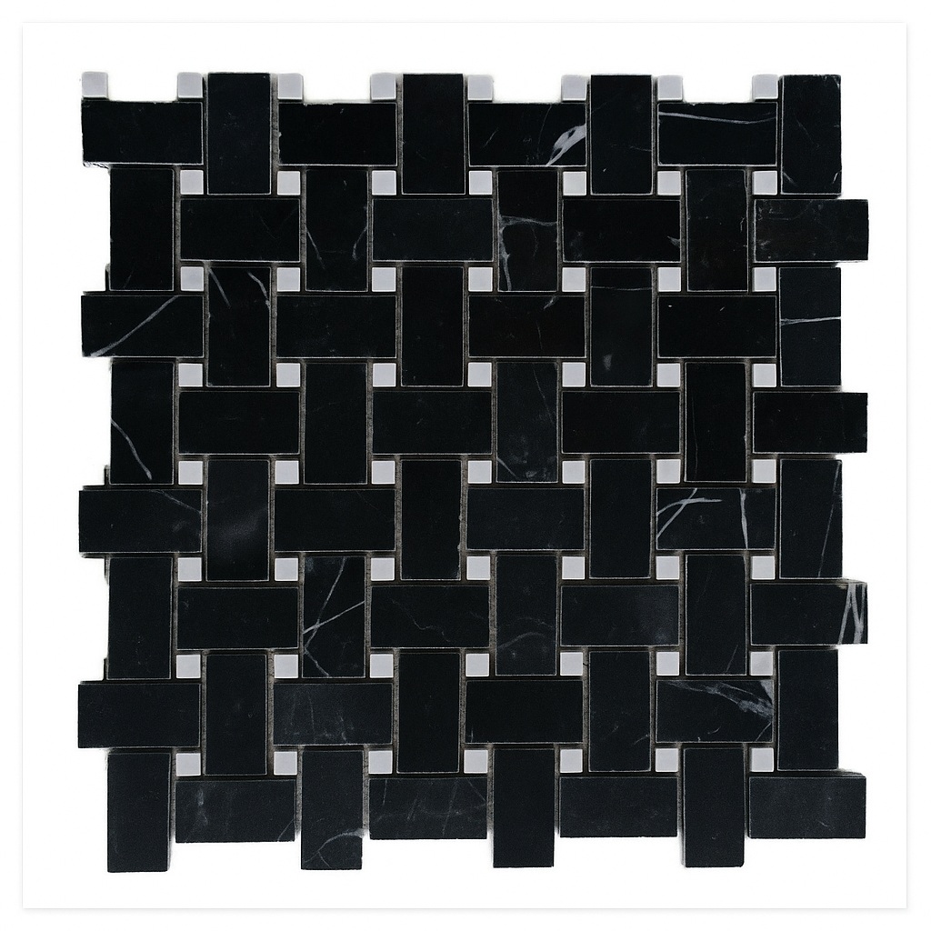 Nero Marquina & Carrara Dot Basketweave Mosaic 300X300