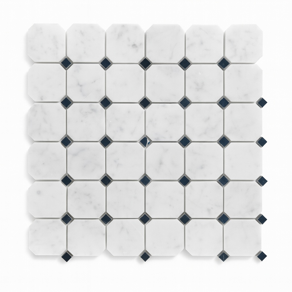 Carrara Octagon And Nero Dot Mosaic 300X300